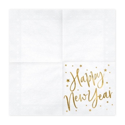 Guardanapo branco de papel com texto dourado Happy New Year e estrelas
