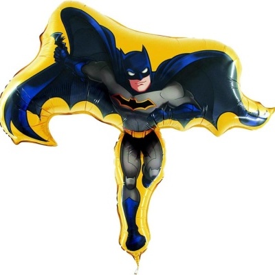 Balão formato Batman com capa preta sob fundo amarelo