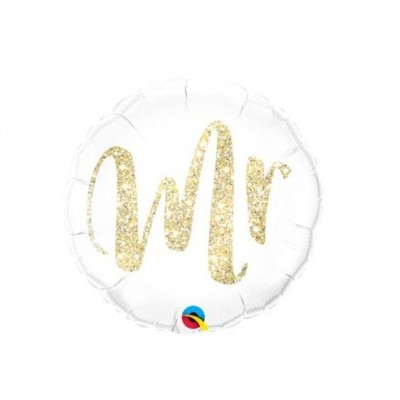 Balão redondo branco com texto 'Mr' em dourado