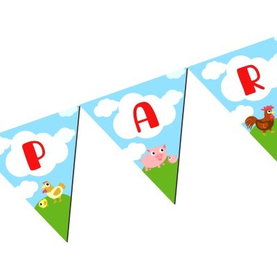 Bandeirolas triangulares com letras vermelhas e desenhos de animais em fundo azul