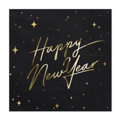 Guardanapo preto com texto Happy New Year e estrelas douradas