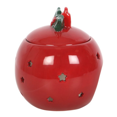 Recipiente de cerâmica vermelho com tampa e orifícios em forma de estrela