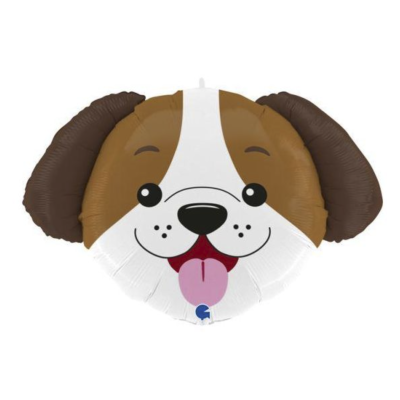 Balão de alumínio em forma de cara de cão castanho e branco com língua de fora