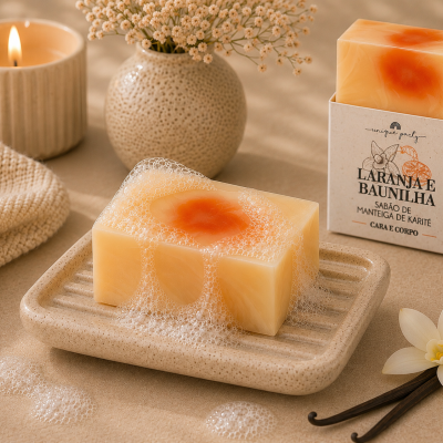 Sabão sólido laranja e baunilha com espuma em suporte bege, embalagem com texto, vela acesa, vaso com flores, toalha e flor natural.