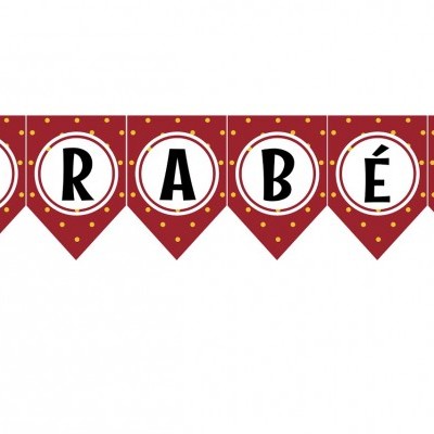 Faixa decorativa vermelha com palavra PARABÉNS e imagens de Mickey Mouse