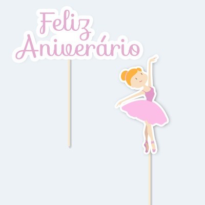Toppers para bolos com texto 'Feliz Aniversário' e bailarina em rosa