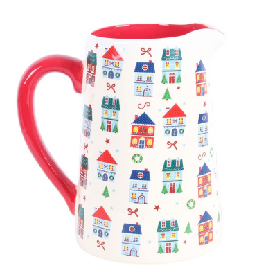 Jarro de cerâmica com padrão de casas e árvores de Natal coloridas