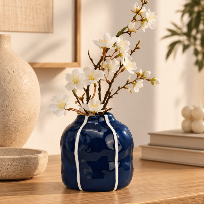 Vaso azul com riscas brancas e flores brancas sobre mesa de madeira clara