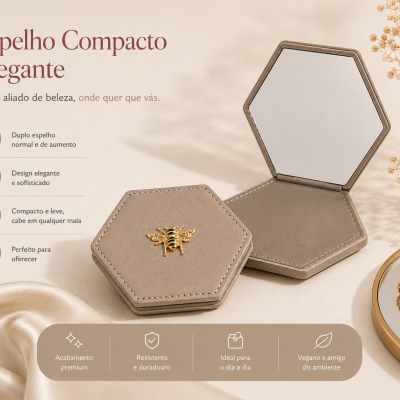 Espelho compacto hexagonal bege com abelha dourada e espelho duplo aberto