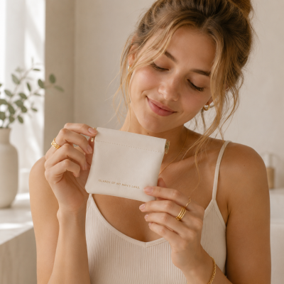 Carteira pequena branca com texto dourado, segurada por mulher com vestido branco e joias.