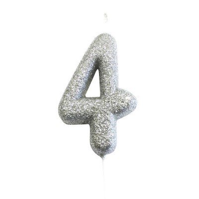 Vela prateada em forma do número 4 para decoração de bolos