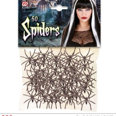 Pacote de 50 aranhas de plástico pretas para decoração com imagem de mulher maquiada na etiqueta.
