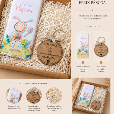 Caixa presente de Páscoa com tablete de chocolate e porta-chaves de madeira gravado.