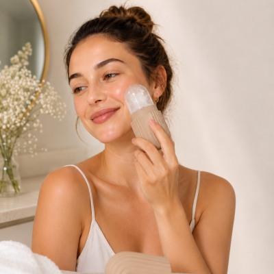 Mulher a usar massageador facial de pedra transparente com pegador castanho claro e toalha branca num espaço interior