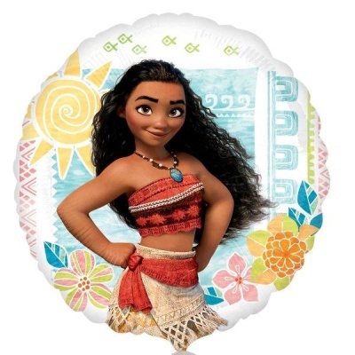 Balão redondo com imagem da personagem Moana e decorativos florais e solares