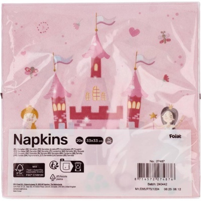 Guardanapos rosa com castelo e personagens em embalagem plástica