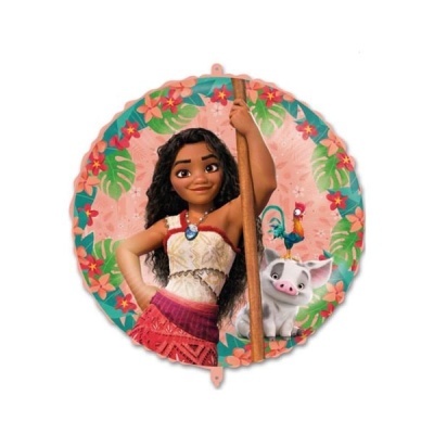Balão redondo metálico colorido com imagem da Moana, porco e galo em fundo floral