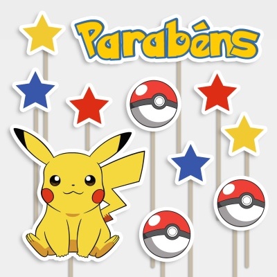Conjunto de decoração de festa com Pikachu, Pokébolas, estrelas coloridas e texto 'Parabéns'