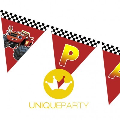 Bandeirola triangular vermelha com carro-monstro e letra P, padrão xadrez e logotipo UNIQUE PARTY