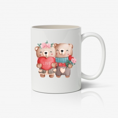 Caneca branca com ursos fofos e coração love