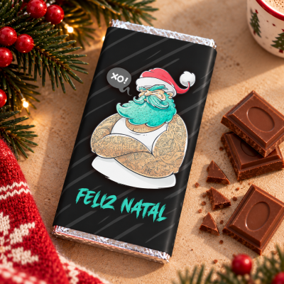 Barra de chocolate com embalagem de Pai Natal tatuado e texto FELIZ NATAL