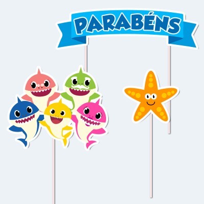 Set de toppers para bolo com tubarões coloridos e estrela do mar com faixa a dizer PARABÉNS