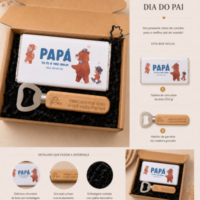 Caixa de presente Dia do Pai com tablete de chocolate e abridor de garrafas com pega em madeira gravada