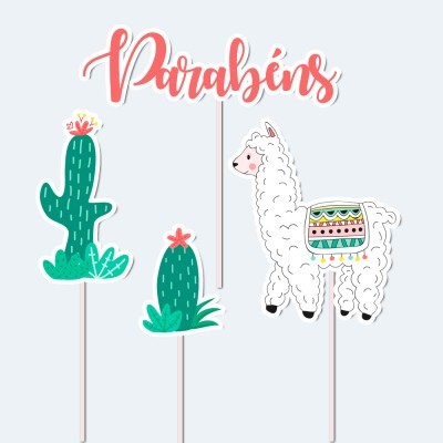 Toppers para bolos com texto 'Parabéns', cactos verdes e lhama branca colorida