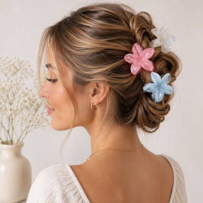 Mulher com cabelo preso usando presilhas de flor coloridas e brinco de argola dourado