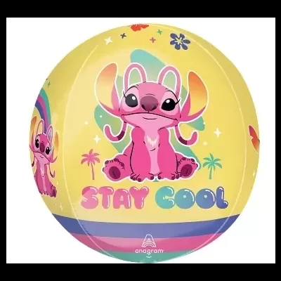 Bola amarela com personagem rosa e texto 'STAY COOL' colorido