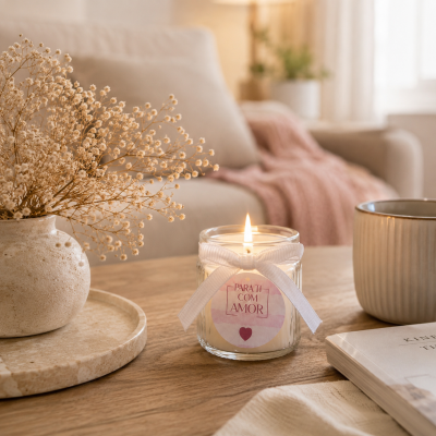 Vela aromática com fita branca e etiqueta rosa num ambiente acolhedor com vaso de cerâmica, caneca e livro