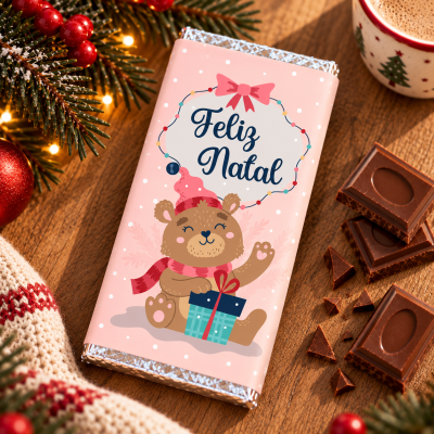 Tablete de chocolate com embalagem rosa temática de Natal e urso ilustrado