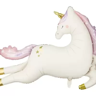 Balão unicórnio branco com crina rosa e detalhes dourados