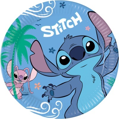Prato de papel azul com personagens Stitch e Angel e texto STITCH