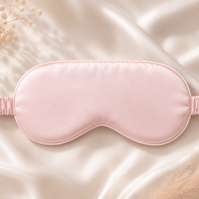 Máscara para dormir rosa acetinada sobre tecido creme acetinado com flores secas