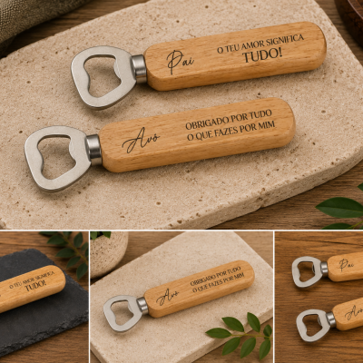 Conjunto de abre-garrafas em madeira clara com mensagens para Pai e Avô