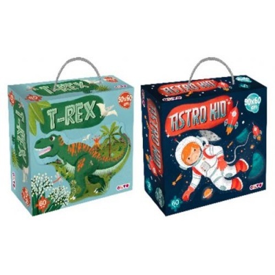 Caixas de brinquedos T-REX e ASTRO KID com ilustrações coloridas