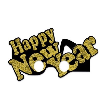 Óculos divertidos com 'Happy New Year' em dourado e preto.