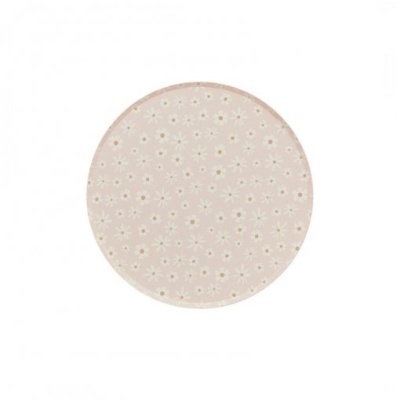 Tapete redondo rosa claro com padrão de flores brancas e amarelas