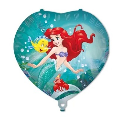 Balão metalizado coração com Ariel, o peixe Flounder e o caranguejo Sebastião, fundo subaquático azul