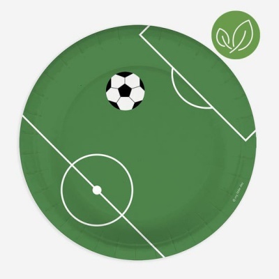 prato de papel com desenho de campo e bola de futebol