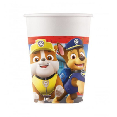 Copo de papel com personagens da Patrulha Pata em uniforme amarelo e azul