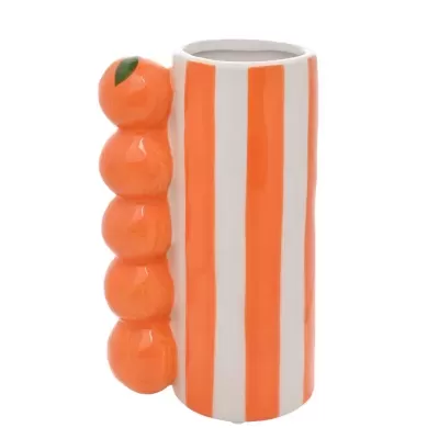 Caneca cerâmica riscas laranja e branca com pega em forma de laranjas