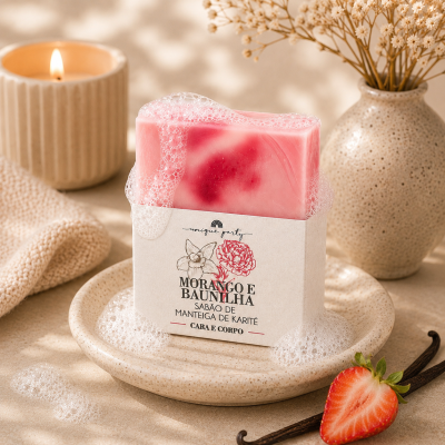 Sabonete rosa com espuma e embalagem branca em prato bege com vela, toalha, flor seca, morango e vagem de baunilha em fundo bege.