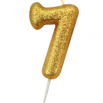 Vela dourada com glitter em forma do número 7