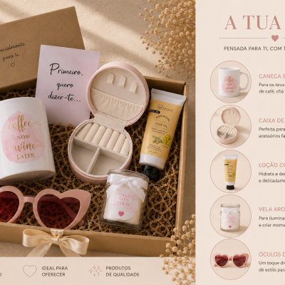 Caixa de oferta com caneca, óculos de sol rosa, caixa de joias, loção corporal, vela aromática e cartão, tudo disposto em caixa castanha aberta.