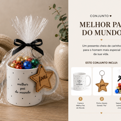 Conjunto de presente com caneca, porta-chaves e bombons para o melhor pai do mundo