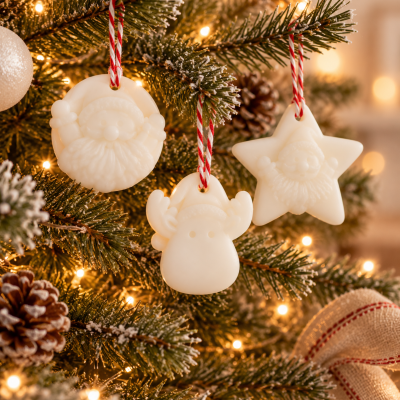 Decorações de Natal brancas em forma de Pai Natal, rena e estrela penduradas numa árvore iluminada