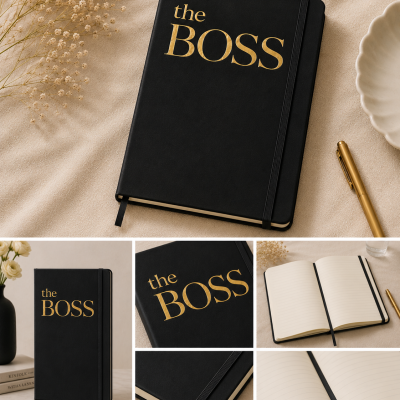 Caderno preto com texto dourado the BOSS em capa lisa, com folhas pautadas e elástico de fecho