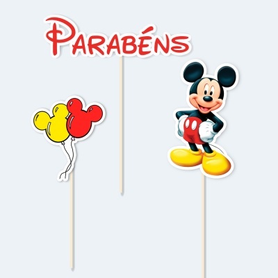 Pick-ups de papel com balões, texto 'PARABÉNS' e figura do Mickey Mouse